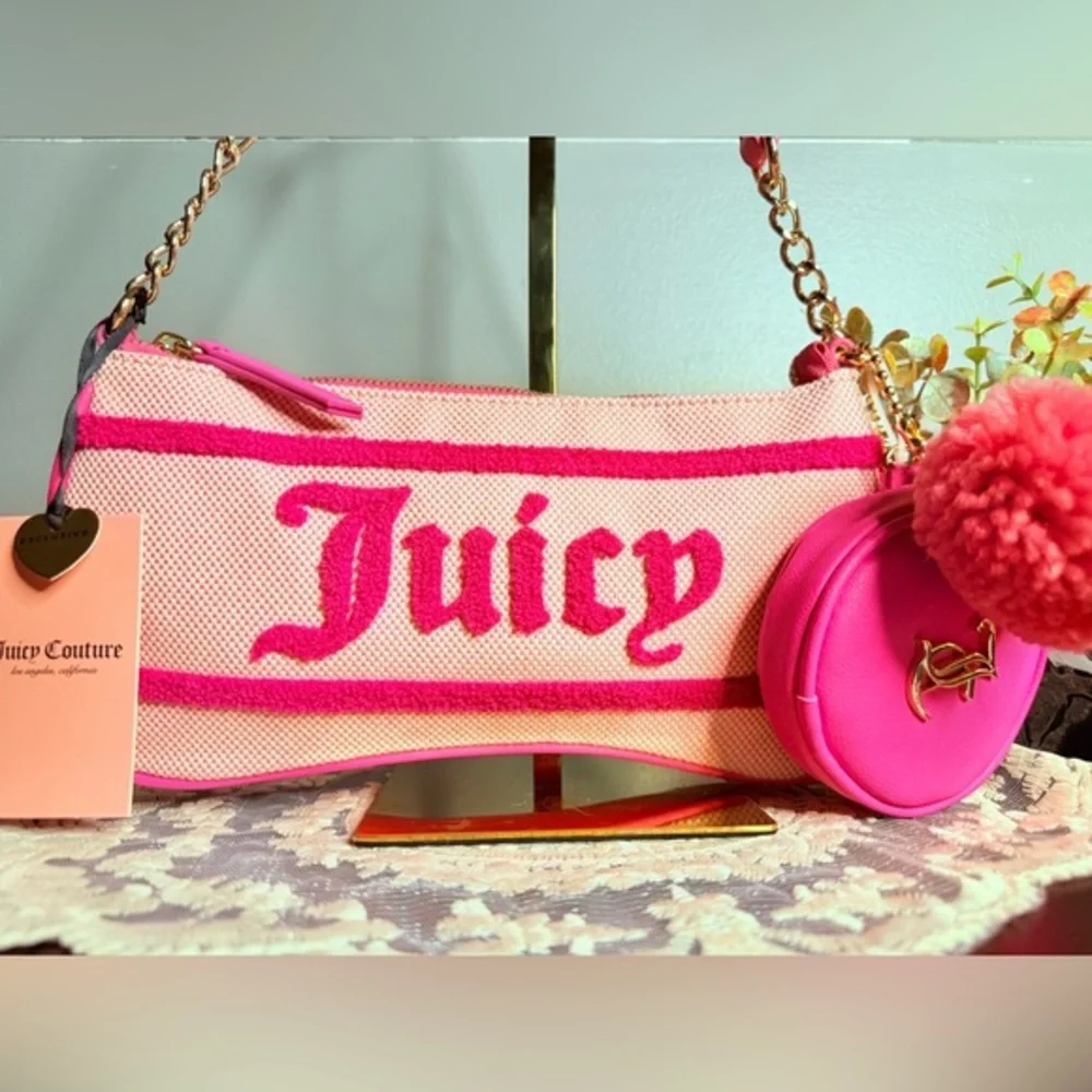 Juicy Couture Pink Chenille Logo Baguette Shoulder Bag w Coin Pouch NWT